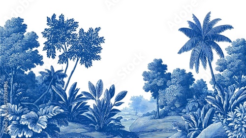A serene and stylized illust n depicting a lush, tropical forest landscape filled with vibrant plants, palm trees, and a tranquil atmosphere.
