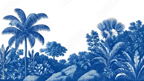 Stylized landscape featuring silhouetted palm trees and lush, botanical foliage in a tranquil, minimalist blue tone.
