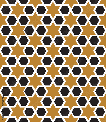 Geometric Pattern in Gold and Black. Elegant Arabesque Seamless Background for Luxury Decoration and Graphic Design.