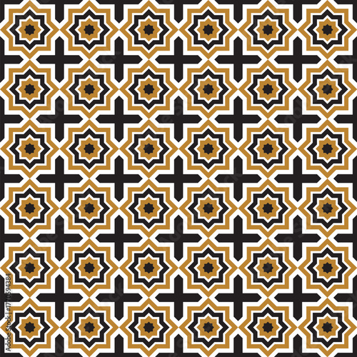 Geometric Pattern in Gold and Black. Elegant Arabesque Seamless Background for Luxury Decoration and Graphic Design.