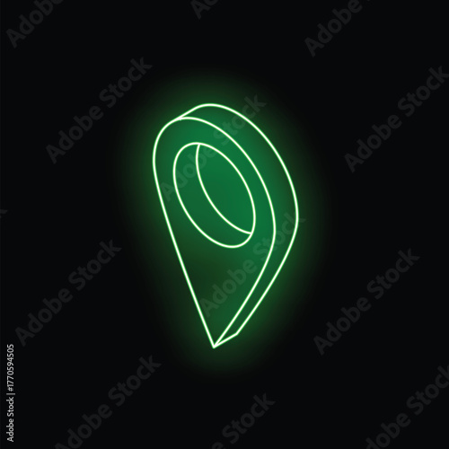 Green neon location pin is glowing on black background