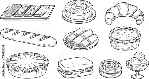 Hand drawn bakery desserts vector illustration set with bread, croissant, cake, pie, sandwich, cinnamon roll, ice cream, pastries