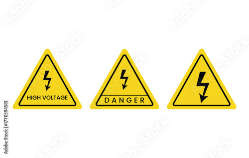 Set of high voltage danger warning signs with lightning bolt symbol vector illustration