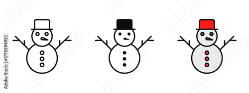 Snowman icon illustrated in stroke, fill, and color styles, isolated on a white background. Perfect for winter themes, Christmas visuals, holiday decorations, and festive design concepts.