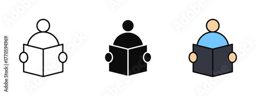Student reading icon designed in stroke, fill, and color styles, isolated on a white background. Perfect for education platforms, learning visuals, library materials, and academic study concepts.