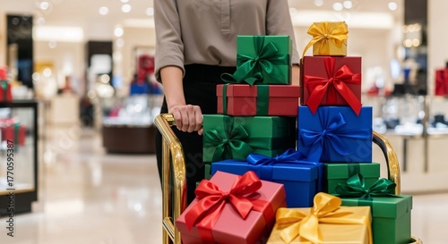 Close-up of woman with shopping cart full of gifts during Christmas sale in luxury store