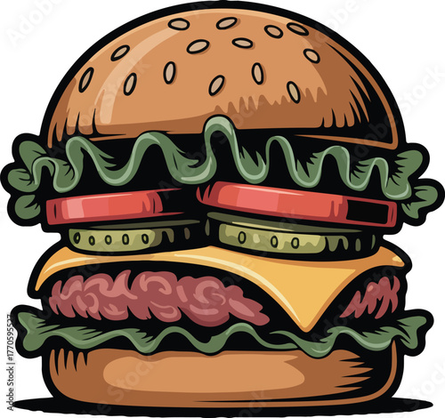 Hamburger vector illustration of a classic American cheeseburger with fresh ingredients and sesame seed bun isolated