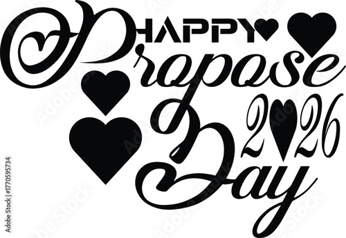 Happy propose day 2026 text with hearts isolated on white background art