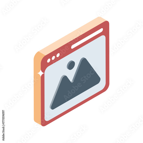 An isometric icon of a web browser window displaying a landscape image