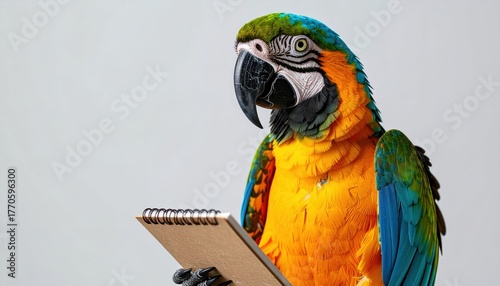Colorful Parrot Taking Customer's Order with Notepad in Studio Lighting for High Fidelity Photography