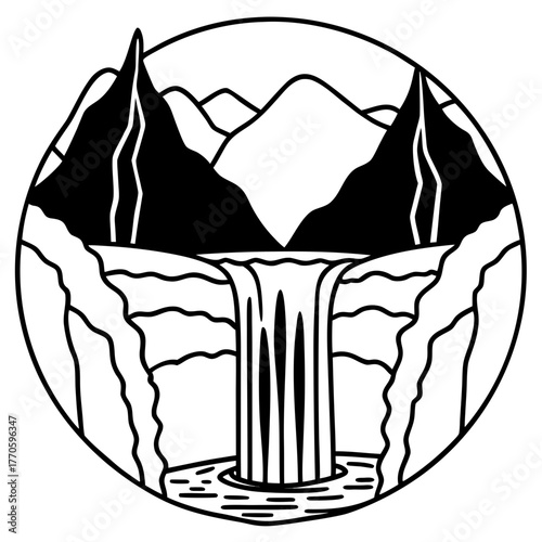 Circular illustration of a waterfall cascading from mountains