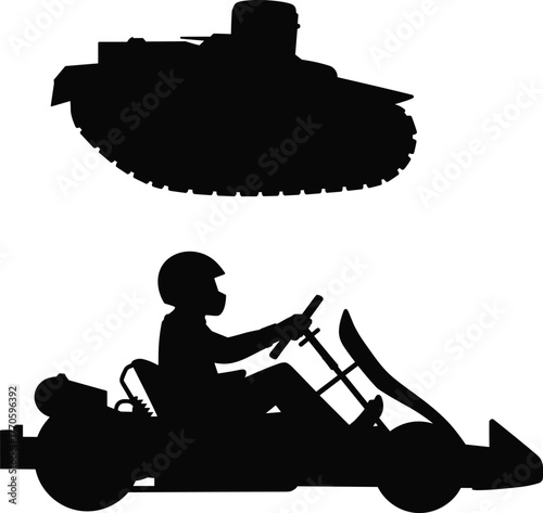 Vector silhouette illustration of tank and go-kart side by side for vehicle contrast, mechanical design theme, and transportation concept layout