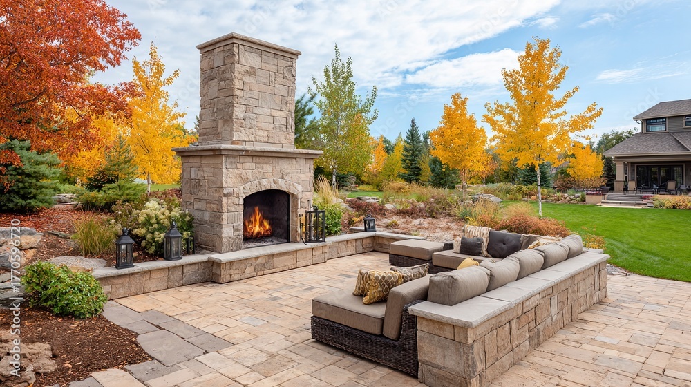 Fototapeta premium Cozy autumn patio with stone fireplace and comfortable sofa surrounded by colorful fall trees