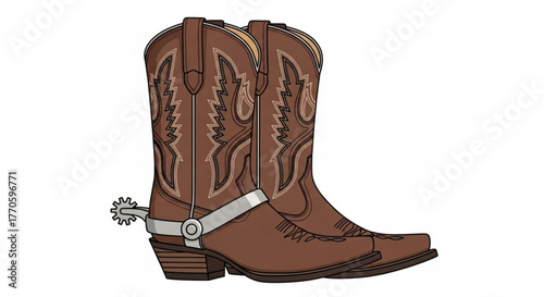 A pair of brown cowboy boots with silver spurs, perfect for western fashion or rodeo themed designs