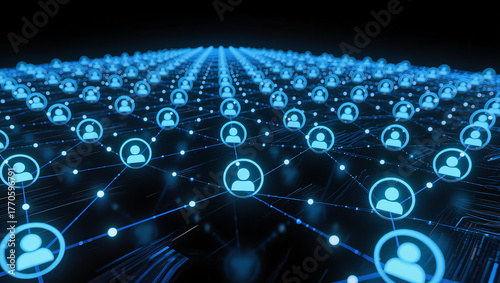 A futuristic digital network background showing interconnected user icons in glowing blue tones, representing data connections and communication across the internet