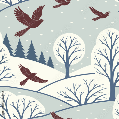 Winter landscape with birds flying over snowy hills and bare trees pattern