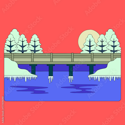 Winter landscape featuring a bridge over a river with snow and trees around