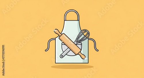 Illustration of a white apron with a rolling pin and whisk, symbolizing cooking, baking, or culinary arts on a yellow background