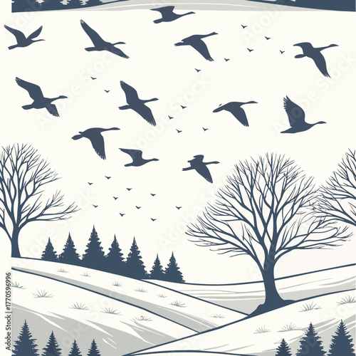 Winter landscape with geese flying over snowy hills and bare trees pattern
