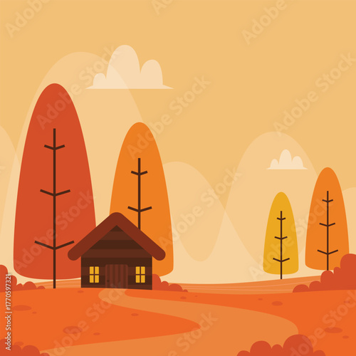 Warm autumn landscape illustration featuring a rustic wooden cabin suitable for seasonal greeting cards, promotions, and events.