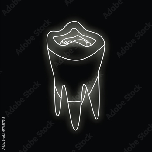 White line drawing of a molar tooth glowing on a black background