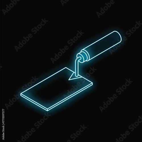 Glowing neon blue trowel spreading putty on surface on black background, isometric view
