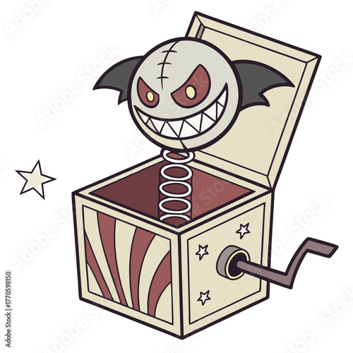 Evil Halloween Jack-in-the-Box – Creepy Voodoo Doll Clown Monster – Scary Toy Pop-up Surprise – Vector Illustration for Holiday Decoration