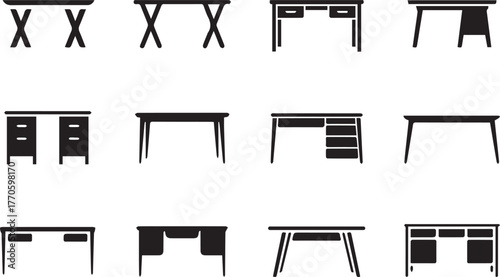 desk lineup 16 silhouette desk vectors 4 by 4 grid for product selection