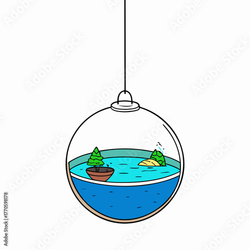 Hanging glass sphere terrarium with miniature island and trees silhouette isolated on white background