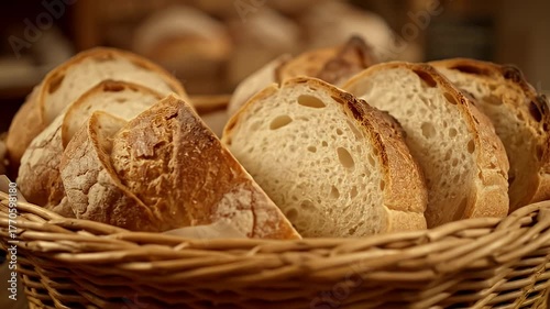 A basket of bread is shown with a brownish color. The bread is sliced and arranged in the basket