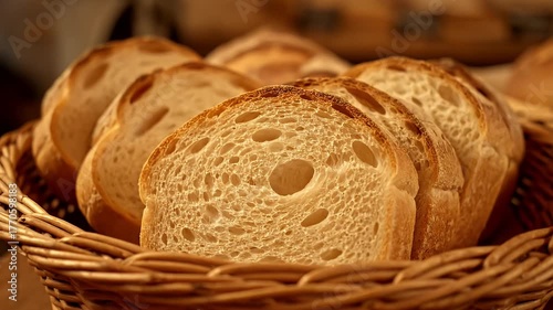 A basket of bread with a few slices missing. The basket is full of bread and the slices are all different sizes