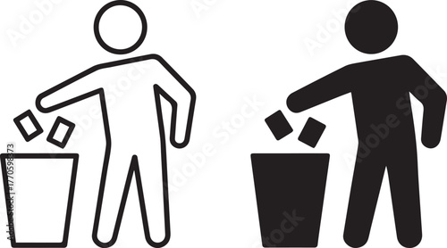trash disposal icon figure dropping paper into waste receptacle