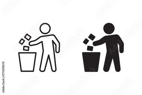 trash recycling icon person discarding paper into a bin simple