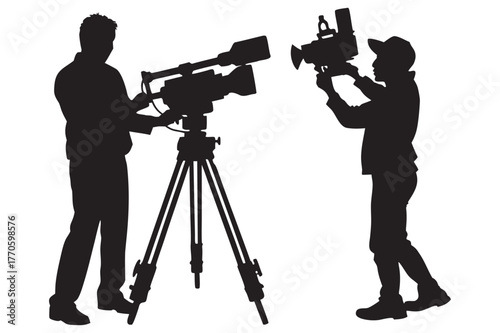 Silhouette of a cameraman and boom operator filming a scene with professional movie equipment