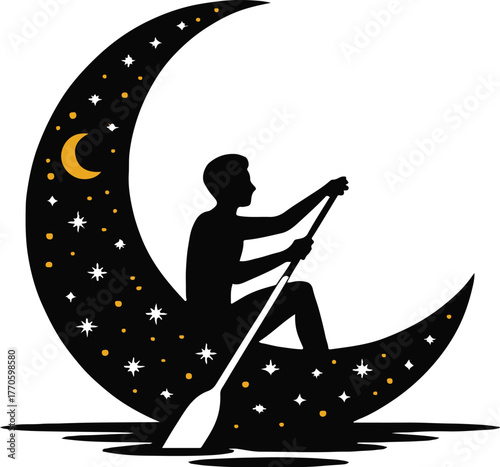 moon night rower in crescent boat stars and water vector art