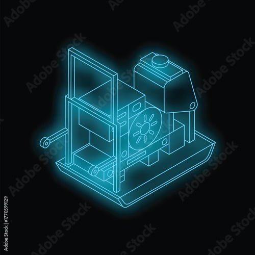 Neon glowing lines creating isometric view of vibrating plate compactor for construction and repair work