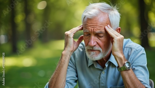 Elderly man holds his head feeling headache outdoors in park. Senior male suffers from strong pain, stress or migraine. Old person has health problem, mental issue, needing care, rest. He looks sad.