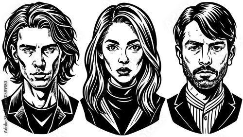Very beautiful set of 6 avatars in a grid layout, hand-drawn illustration with solid black ink like rapidograph pen, showing young adults aged 20–30, both men and women, with stylish and diverse hairs