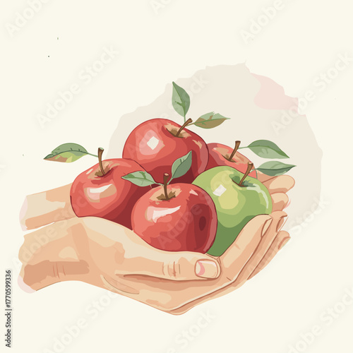 Watercolor hands offering red and green apples, symbolizing harvest and generosity.