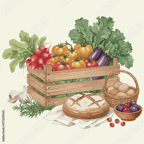 Watercolor composition with fresh vegetables, bread, herbs, and berries in a rustic wooden box. Perfect for farm or organic food design.