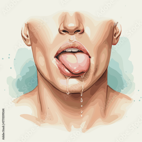 Close-up watercolor art of lips with tongue and dripping texture. Sensual, expressive, and modern design representing playfulness and emotion. Great for beauty or fashion projects.