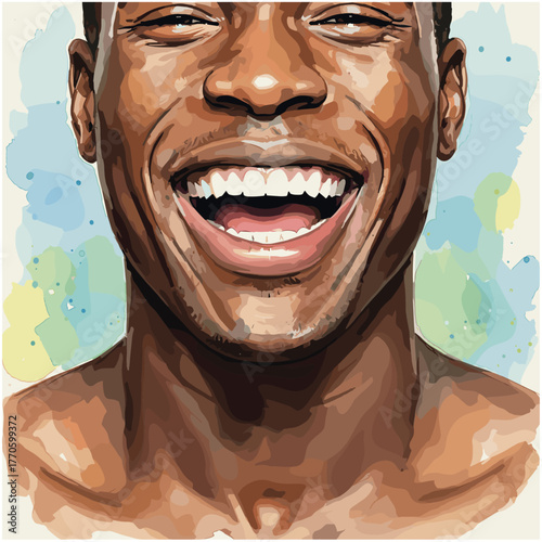 Expressive watercolor portrait of a dark-skinned man laughing brightly. Strong emotions and warm tones reflect positivity and happiness. Great for diversity and lifestyle themes.