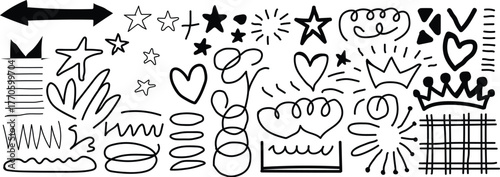 set of hand drawn sketch of love trees star