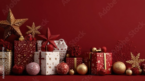 Assorted red gift boxes with ribbons among baubles and bokeh background. Christmas and New Year concept. Design for shopping ads, advertisement or banner with copy space for text.