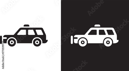police car icon side view vector black on white and white on black set