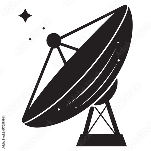 Bold black silhouette of a satellite dish with a circular reflector and central antenna
