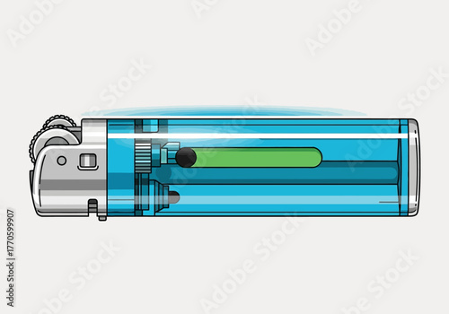Blue Transparent Plastic Lighter with Green Fuel Indicator and Silver Striker.