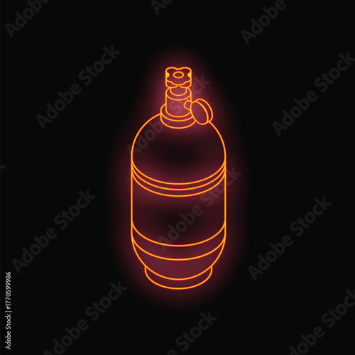 Neon gas cylinder glowing on dark background with copy space, concept of camping, tourism, hiking