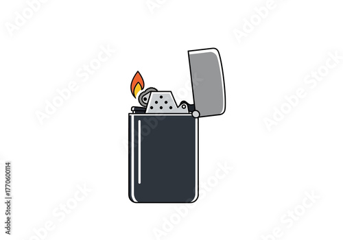 Classic Metal Lighter with Flame Illustration.