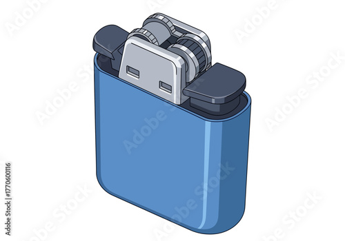 Blue Refillable Lighter with Metal Components Isometric View.
